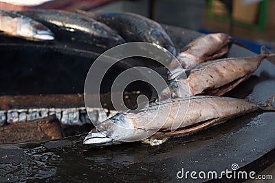 Mackerel on outdoor barbecue Stock Photo