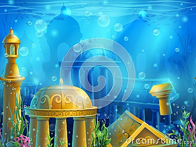 Atlantis. Seamless submerged underwater city, the gold ancient Vector Illustration