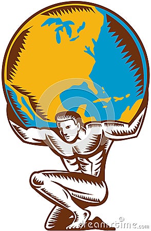 Atlas Lifting Globe Kneeling Woodcut Vector Illustration