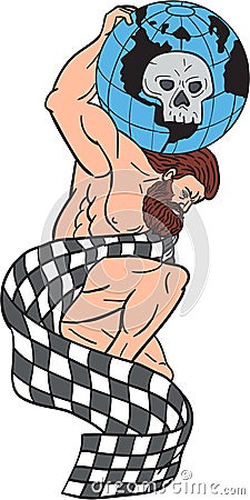 Atlas Lifting Globe Skull Checkered Flag Drawing Vector Illustration