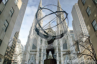 Atlas statue in fornt of St Patrick Chruch Editorial Stock Photo
