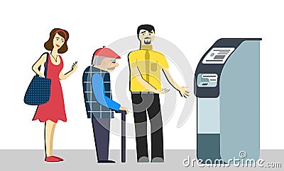 Queue at the ATM.Disgruntled people are standing in line for an isolated background.Senior man in queue. terminal machine bank.wit Vector Illustration