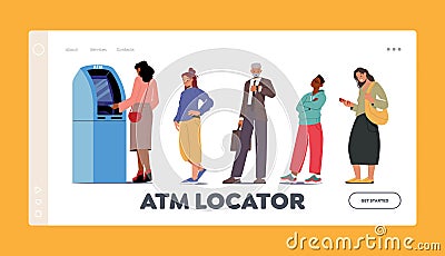 Atm Locator Landing Page Template. People Automated Teller Machine Line. Clients Characters Stand in Queue in Bank Vector Illustration