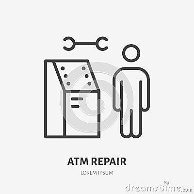 Atm repair flat line icon. Payment terminal vector illustration. Thin sign of repairman, software developer pictogram Vector Illustration