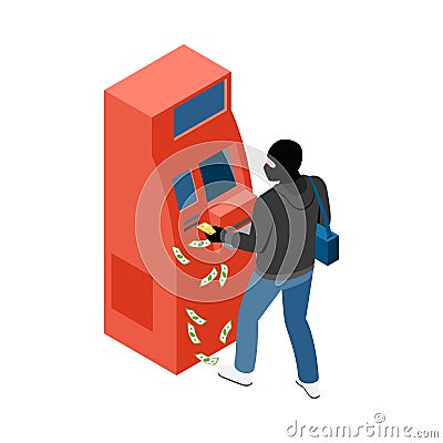 ATM Robber Isometric Composition Vector Illustration