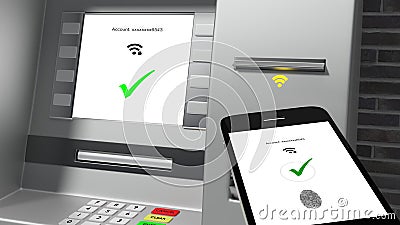 ATM showing verified identity connected to a mobile phone Cartoon Illustration