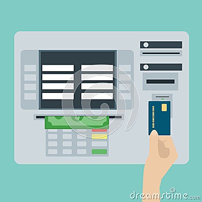 ATM terminal and credit card, cash, bank service. Flat design vector Vector Illustration