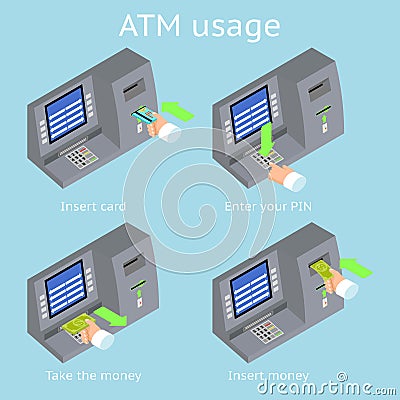 ATM terminal usage. Payment with credit card, take Vector Illustration