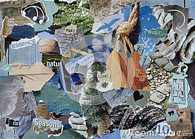 Atmosphere mood board collage sheet in color blue, grey and brown made of teared magazine paper with figures, letters, colors and Stock Photo