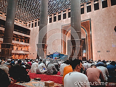 The atmosphere of tarawih night prayers at the istiqlal mosque, DKI Jakarta, Indonesia. Editorial Stock Photo