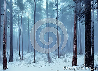 atmospheric abstract paining of a winter forest with trees shrouded in mist and snow covered ground. Cartoon Illustration