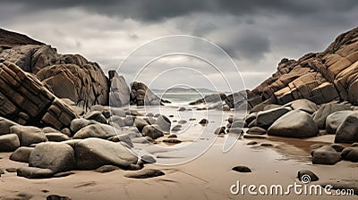 Atmospheric Beachscape: Sharp Boulders And Overcast Sky Stock Photo