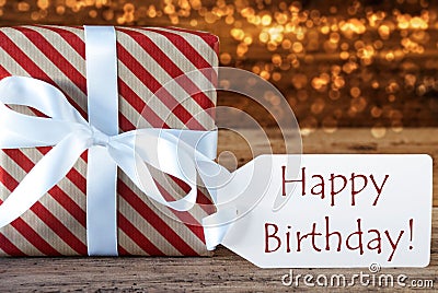 Atmospheric Christmas Gift With Label, Happy Birthday Stock Photo