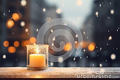 Atmospheric Christmas window sill decoration with white candle burning Stock Photo