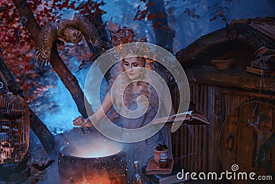 Atmospheric cold autumn photo in art processing, a good witch creates a magic elixir near his forest home, holding a Stock Photo