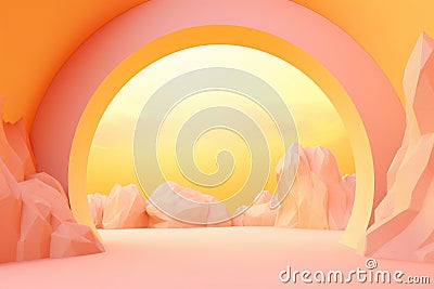 Atmospheric escapism installation for showcase and display products. Yellow futuristic round arch on the pastel orange landscape Stock Photo