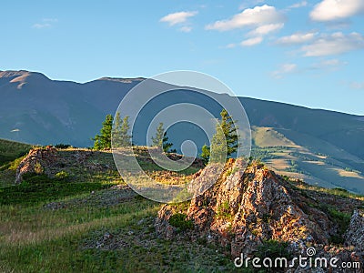 Atmospheric evening landscape with big rock and fir tree on hillside with view to sunlit mountain vastness under white clouds line Stock Photo