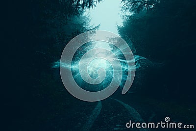 An atmospheric fantasy concept. Of a glowing alien portal in a spooky forest. On a foggy winters day Stock Photo