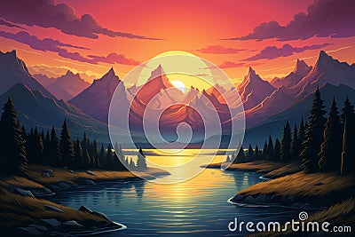 Atmospheric Mountains art sunset poster. Generate Ai Stock Photo