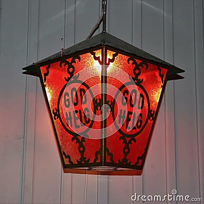 A red welcoming Christmas lantern Stock Photo