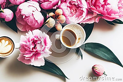 Atmospheric romantic morning with coffee and bouquet of peonies on white background Stock Photo