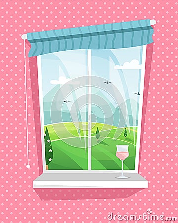 Atmospheric spring window with a glass of a rose wine. Cozy spring days Vector Illustration