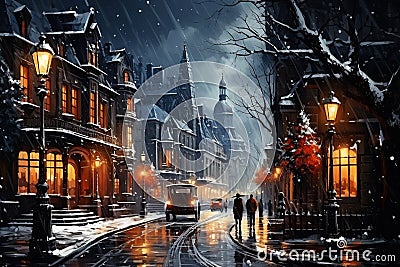Vintage Winter Scene with Snowfall over Historic City Street at Night. AI generation Stock Photo
