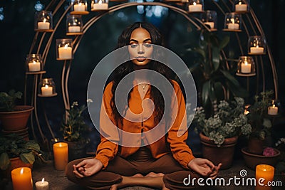 Atmospheric Yoga. Healthy Young Black Woman Finds Serenity at Home with Candlelit Ambiance Stock Photo