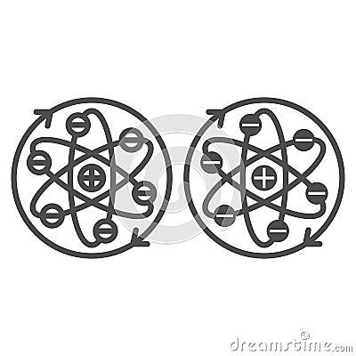 Atom with elliptical orbits line and solid icon, atomic energy concept. Vector graphics. Rotation arrows of atom Vector Illustration