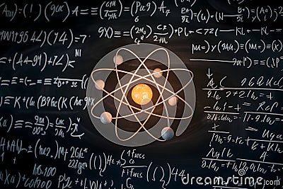 Atom with glowing core, chalkboard filled with complex mathematical formulas Stock Photo