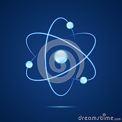 Atom icon. Neon light atomic neutron. Atom blue color. Nuclear atom. 3d cell nucleus. Molecule fusion. Orbit spin. Proton core sym Vector Illustration