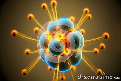 Atom orbit model of blue balls with yellow divergent rays Stock Photo