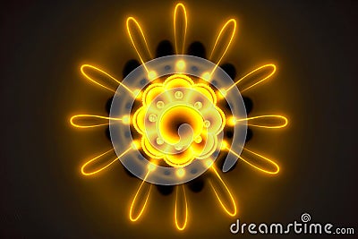 atom orbit model of yellow glowing particles with divergent rays Stock Photo
