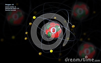 Atom of Oxygen with detailed Core and its 8 Electrons with Atoms Stock Photo