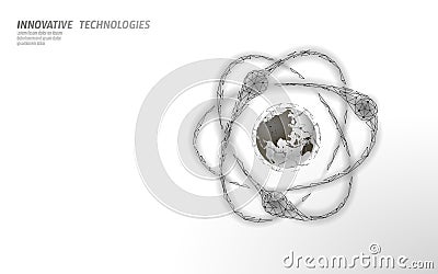 Atom particle sigh on world map. Nuclear military weapons global danger. Atonic power defence country security. Nuke arm Vector Illustration