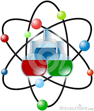 Atom scheme with colored laboratory flasks Stock Photo