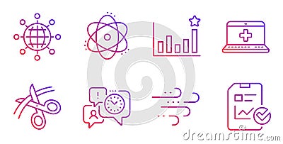Atom, Time management and Efficacy icons set. Medical help, Windy weather and International globe signs. Vector Vector Illustration
