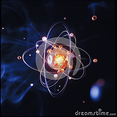 Atomic dance: subatomic realm, electrons, neutrons, and protons orbit a fixed nucleus in a model empty space within Stock Photo