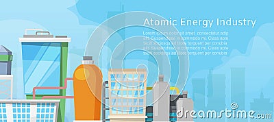 Atomic energy industry with low poly nuclear power station, reactors, power lines and nuclear energy vector illustration Vector Illustration