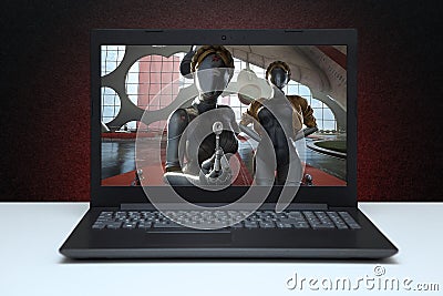 Atomic Heart computer game logo on laptop screen. Editorial Stock Photo