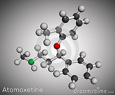 Atomoxetine molecule. It is used in the management of Attention Deficit Hyperactivity Disorder ADHD. Molecular model. 3D rendering Stock Photo