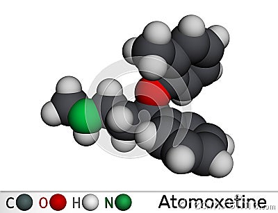 Atomoxetine molecule. It is used in the management of Attention Deficit Hyperactivity Disorder ADHD. Molecular model. 3D rendering Stock Photo