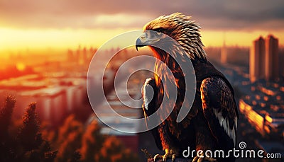 Atop the World: Majestic Eagle Soaring Over City at Dusk. Generative AI Stock Photo