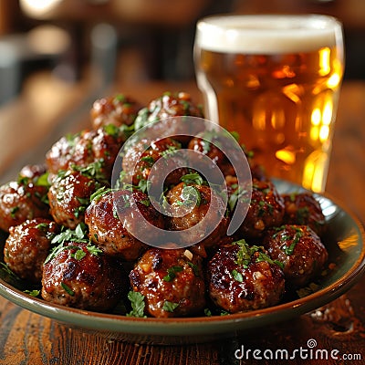 an atractive and tastefull image of meatballs portion and pint of beer together Stock Photo