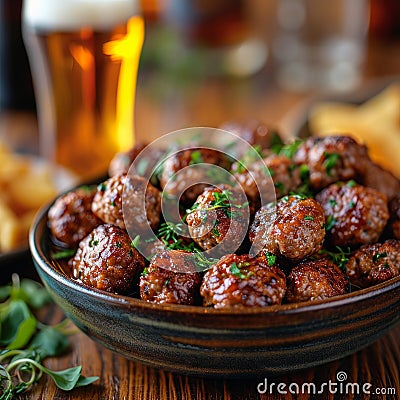 an atractive and tastefull image of meatballs portion and pint of beer together Stock Photo