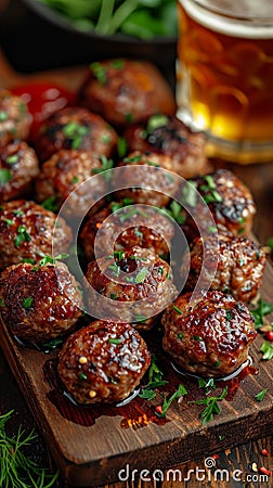 an atractive and tastefull image of meatballs portion and pint of beer together Stock Photo