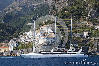 Large modern yacht off the coast of Atrani in Italy Editorial Stock Photo