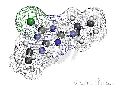 Atrazine broadleaf herbicide molecule. 3D rendering. Atoms are represented as spheres with conventional color coding: hydrogen . Stock Photo