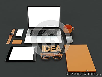 Atributes of web Designer on dark background. Top View. flat Lay. 3D rendering. High resolution. Stock Photo