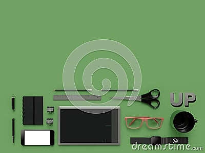 Atributes of web Designer on green background. Top View. flat Lay. 3D rendering. High resolution. Stock Photo